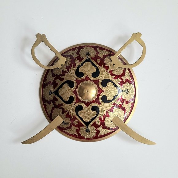 Turkish enamel hand painted brass wall plaque shiel and swords. - Picture 1 of 5